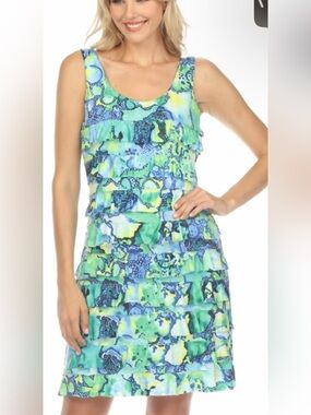 Tango Mongo 👗Sleeveless Blue Tropical Print Mini Dress with Ruffle Tiers